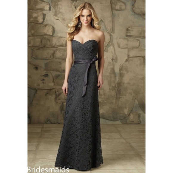 Mori Lee Bridesmaid Strapless Lace Gown With Sash 103 In Charcoal Size 10 - Picture 1 of 16